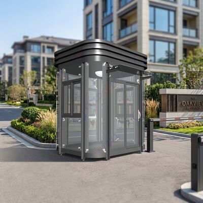 Maison de garde de sécurité de 30 à 60 degrés Celsius avec panneaux composites en acier, aluminium et bois. Poids approximatif de 200 à 500 kilogrammes
